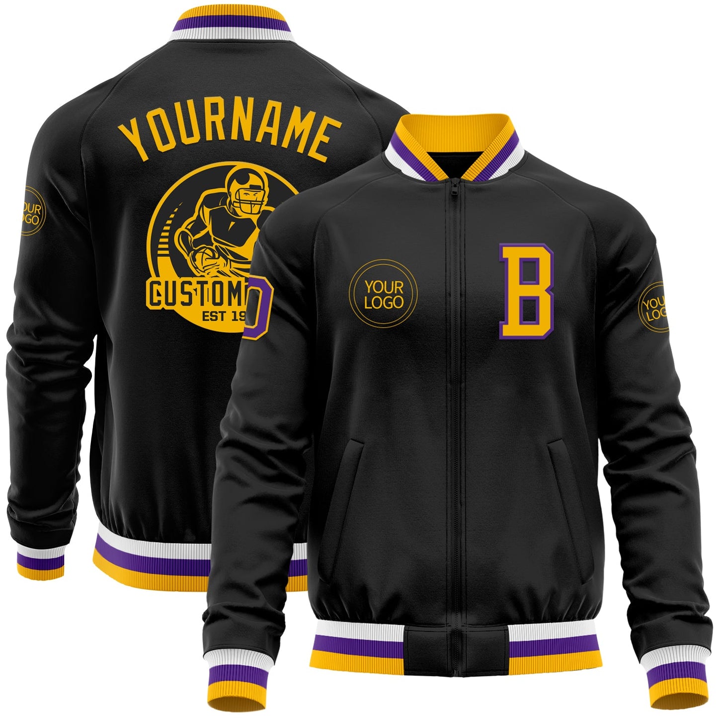 Custom Black Gold-Purple Bomber Varsity Letterman Zipper Jacket - Main View