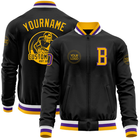 Custom Black Gold-Purple Bomber Varsity Letterman Zipper Jacket - Main View