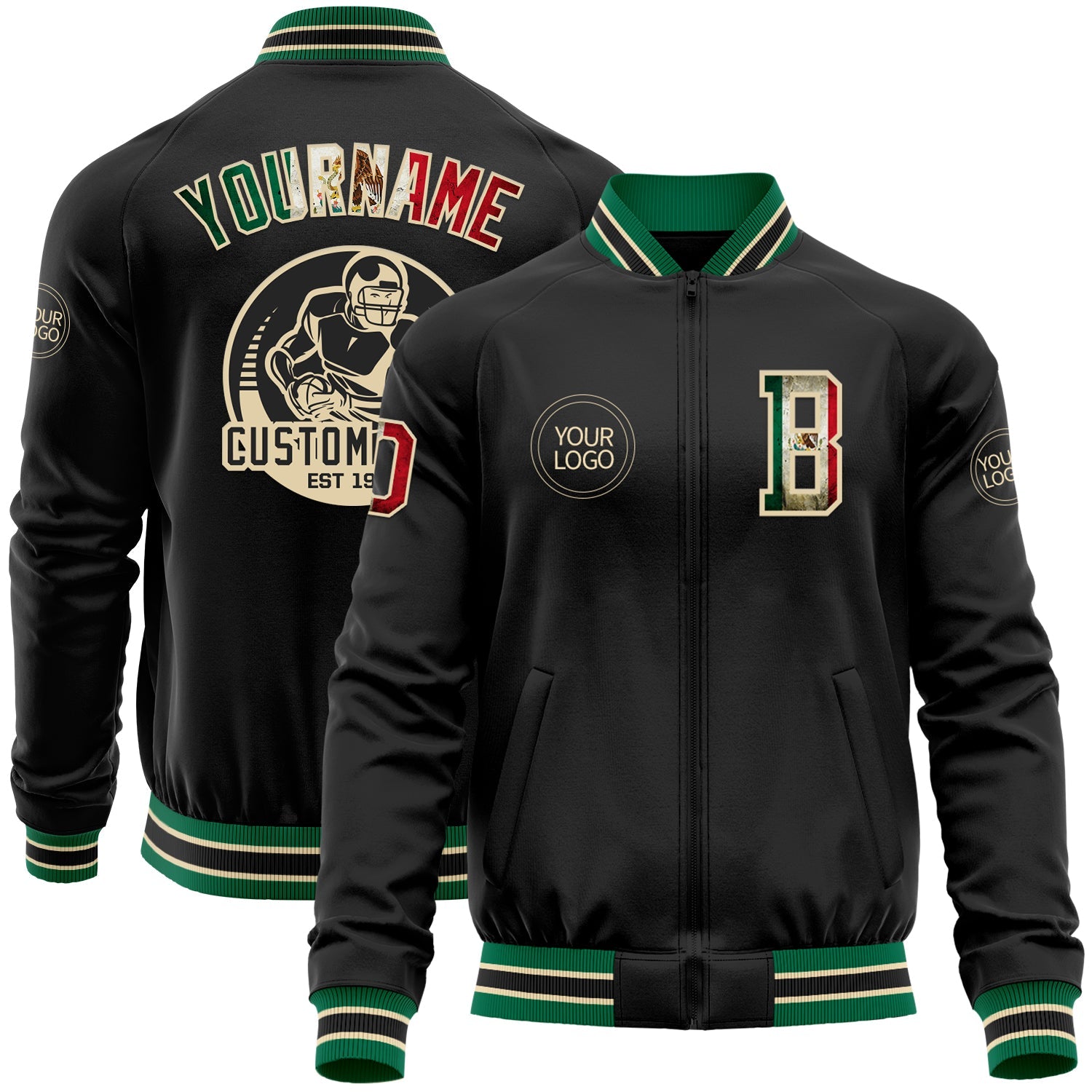 Custom Black Vintage Mexican Flag Cream-Kelly Green Bomber Varsity Letterman Zipper Jacket - Main View