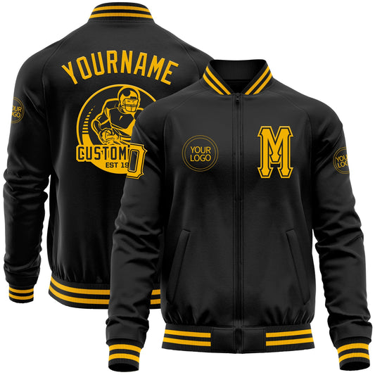 Custom Black Gold Bomber Varsity Letterman Zipper Jacket - Main View