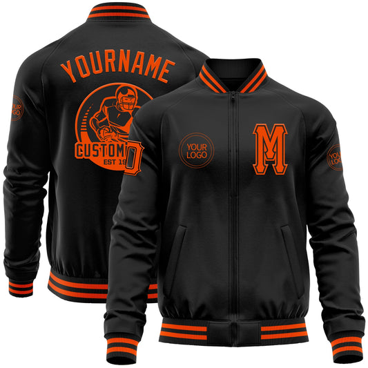 Custom Black Orange Bomber Varsity Letterman Zipper Jacket - Main View
