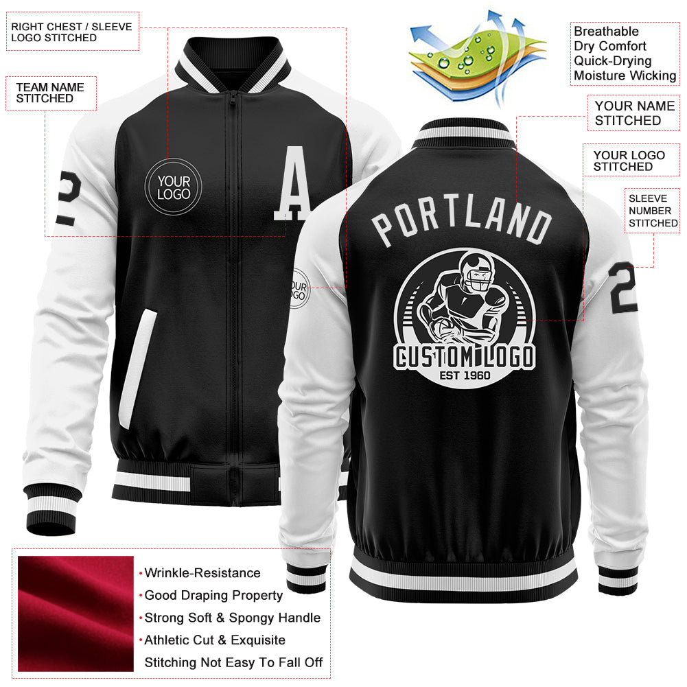 Custom Black White Bomber Varsity Letterman Two Tone Zipper Jacket view 4