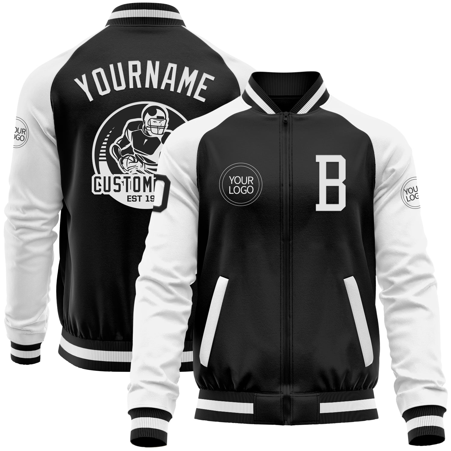 Custom Black White Bomber Varsity Letterman Two Tone Zipper Jacket - Main View