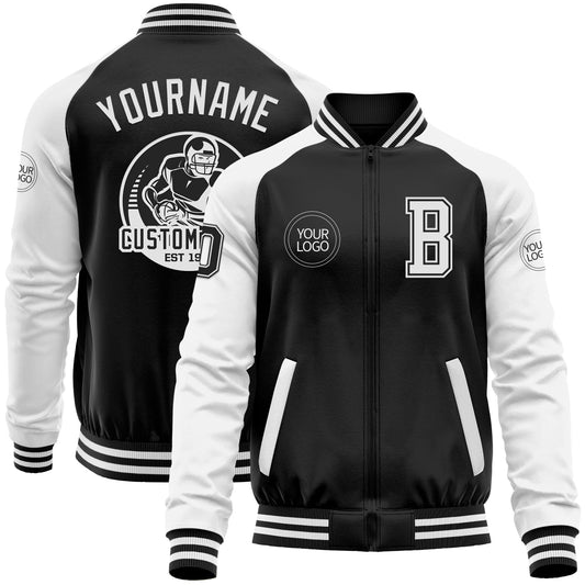Custom Black White Bomber Varsity Letterman Two Tone Zipper Jacket - Main View
