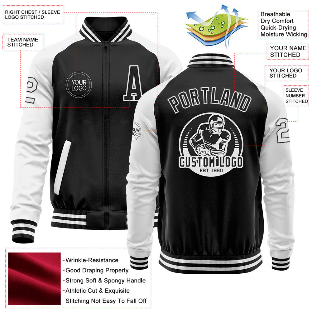 Custom Black White Bomber Varsity Letterman Two Tone Zipper Jacket view 4