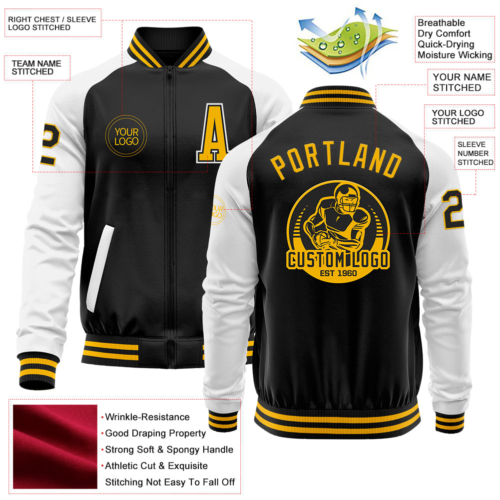 Custom Black Gold-White Bomber Varsity Letterman Two Tone Zipper Jacket view 4