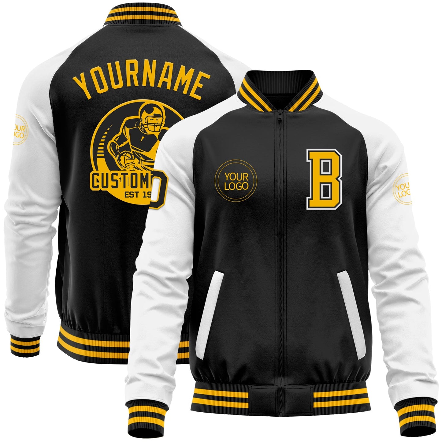 Custom Black Gold-White Bomber Varsity Letterman Two Tone Zipper Jacket - Main View