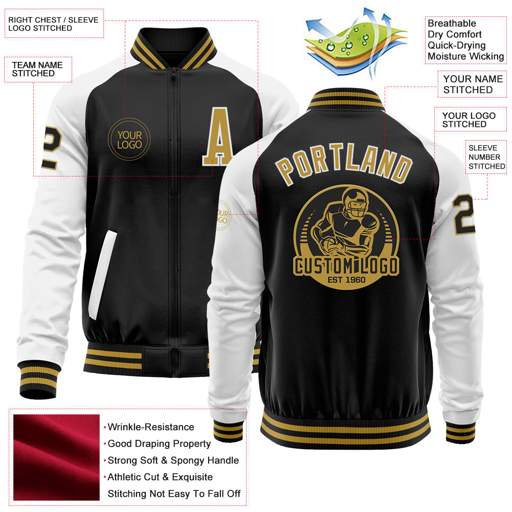 Custom Black Old Gold-White Bomber Varsity Letterman Two Tone Zipper Jacket view 4
