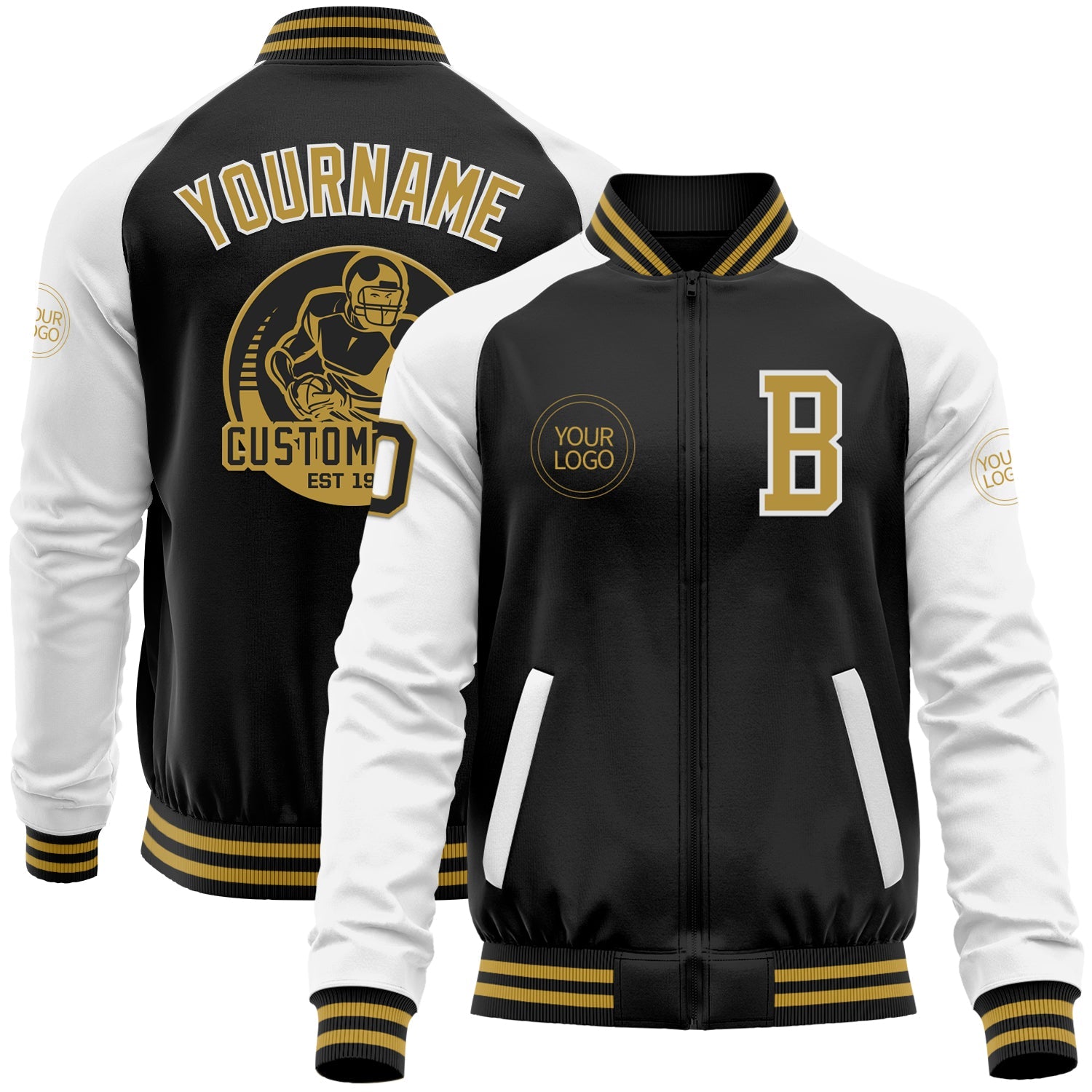 Custom Black Old Gold-White Bomber Varsity Letterman Two Tone Zipper Jacket - Main View