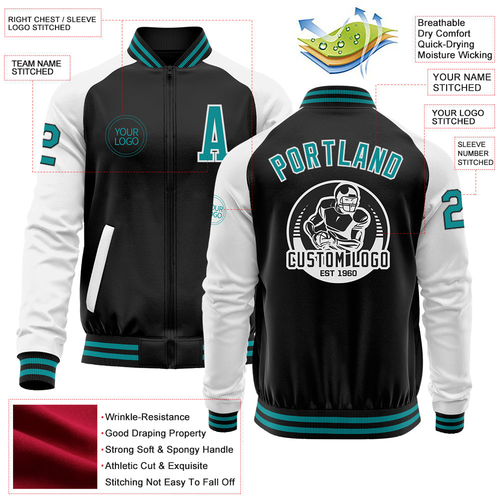 Custom Black Teal-White Bomber Varsity Letterman Two Tone Zipper Jacket view 4