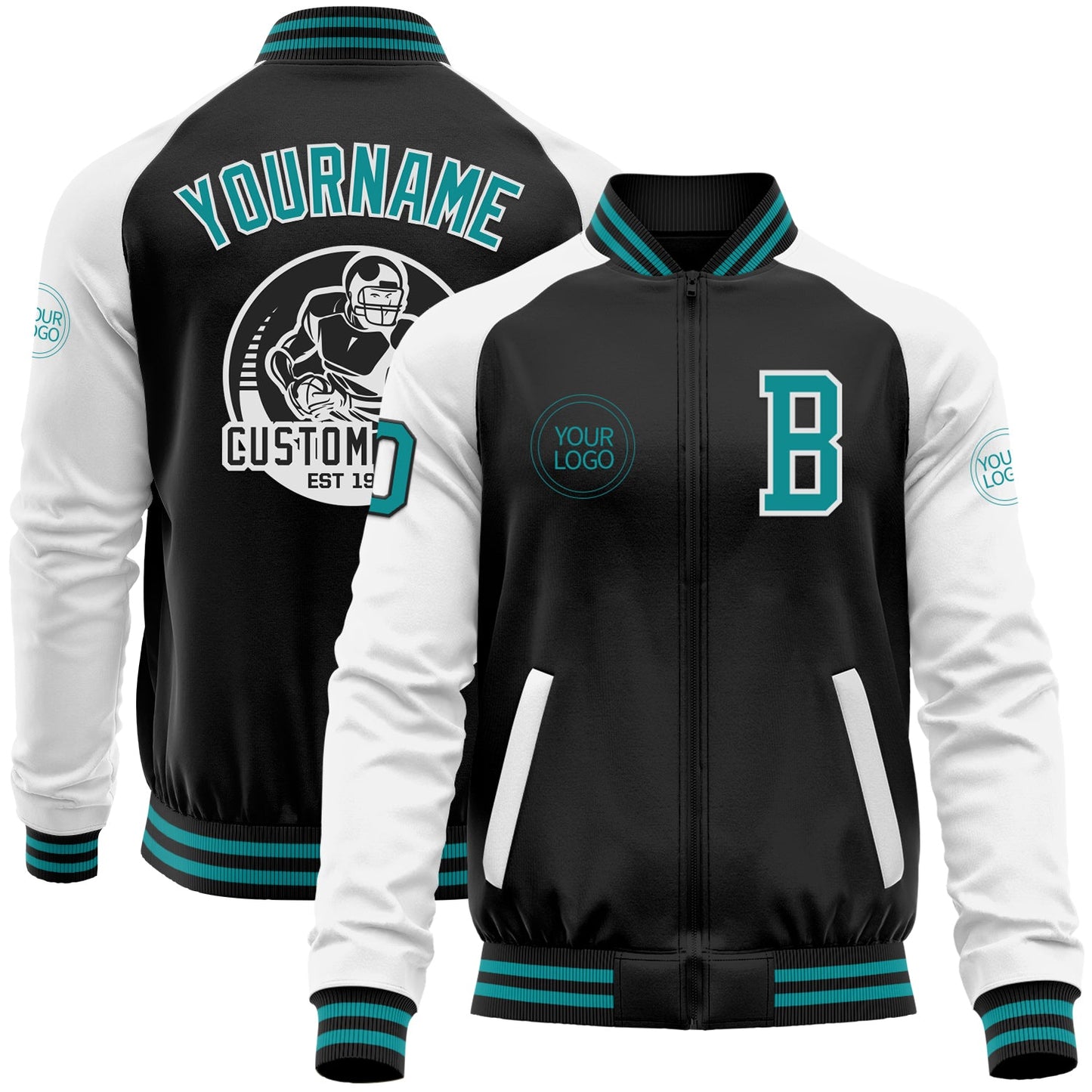 Custom Black Teal-White Bomber Varsity Letterman Two Tone Zipper Jacket - Main View