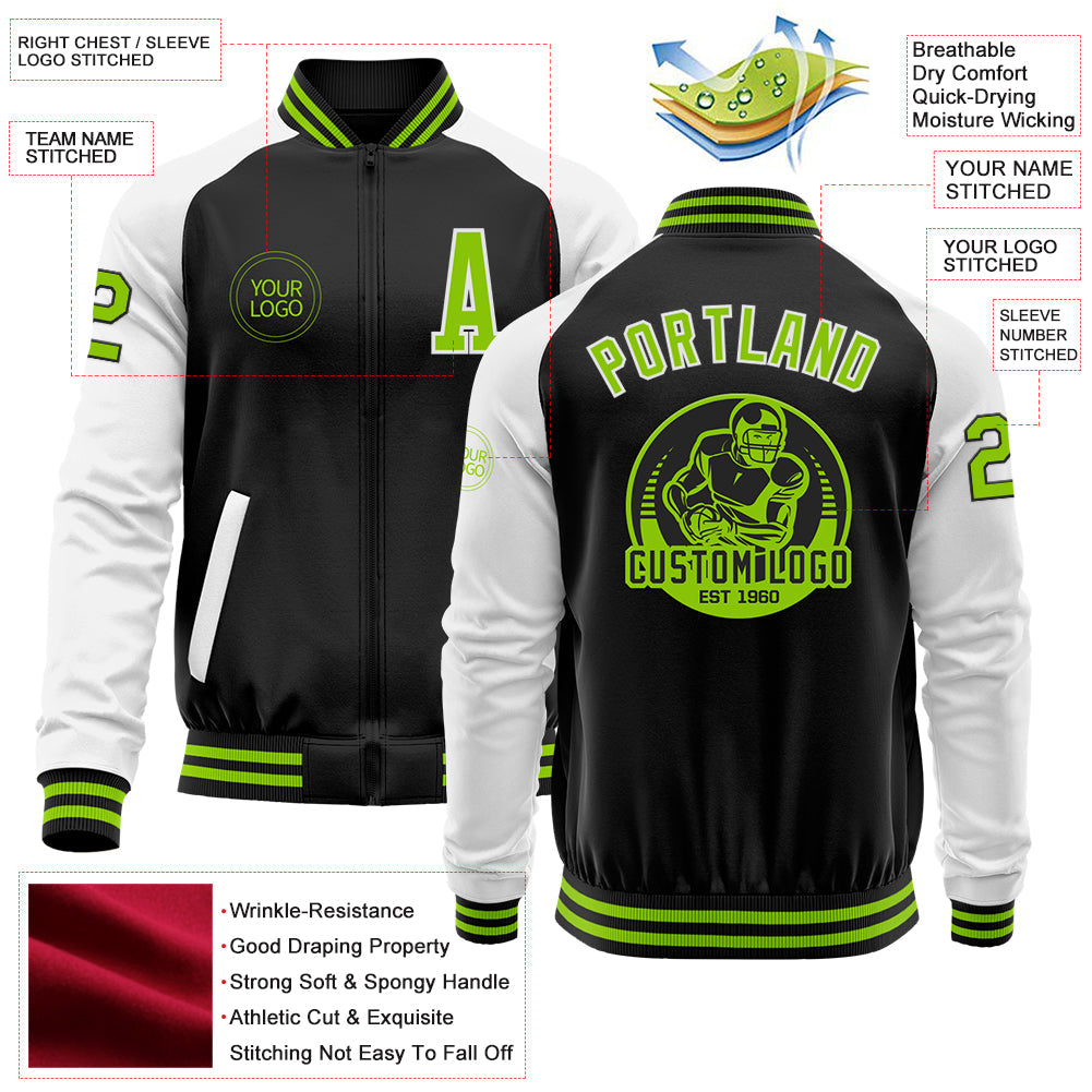Custom Black Neon Green-White Bomber Varsity Letterman Two Tone Zipper Jacket view 4