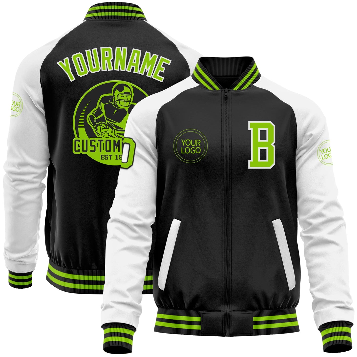 Custom Black Neon Green-White Bomber Varsity Letterman Two Tone Zipper Jacket - Main View
