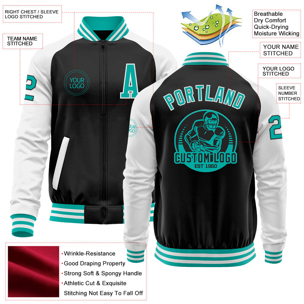 Custom Black Aqua-White Bomber Varsity Letterman Two Tone Zipper Jacket view 4