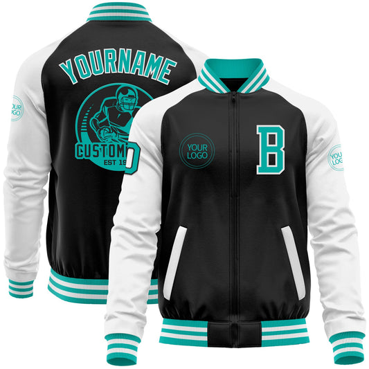 Custom Black Aqua-White Bomber Varsity Letterman Two Tone Zipper Jacket - Main View
