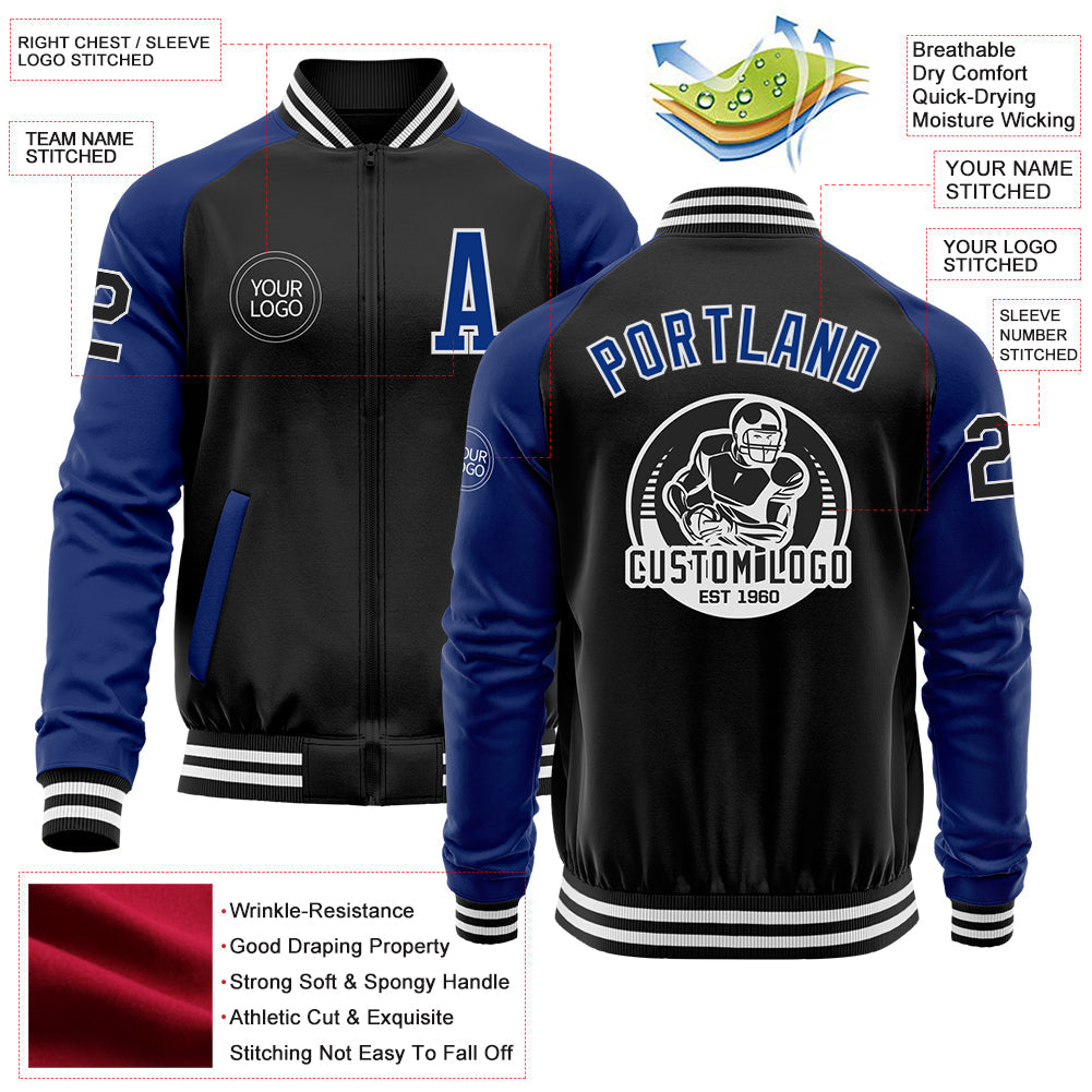 Custom Black Royal-White Bomber Varsity Letterman Two Tone Zipper Jacket view 4