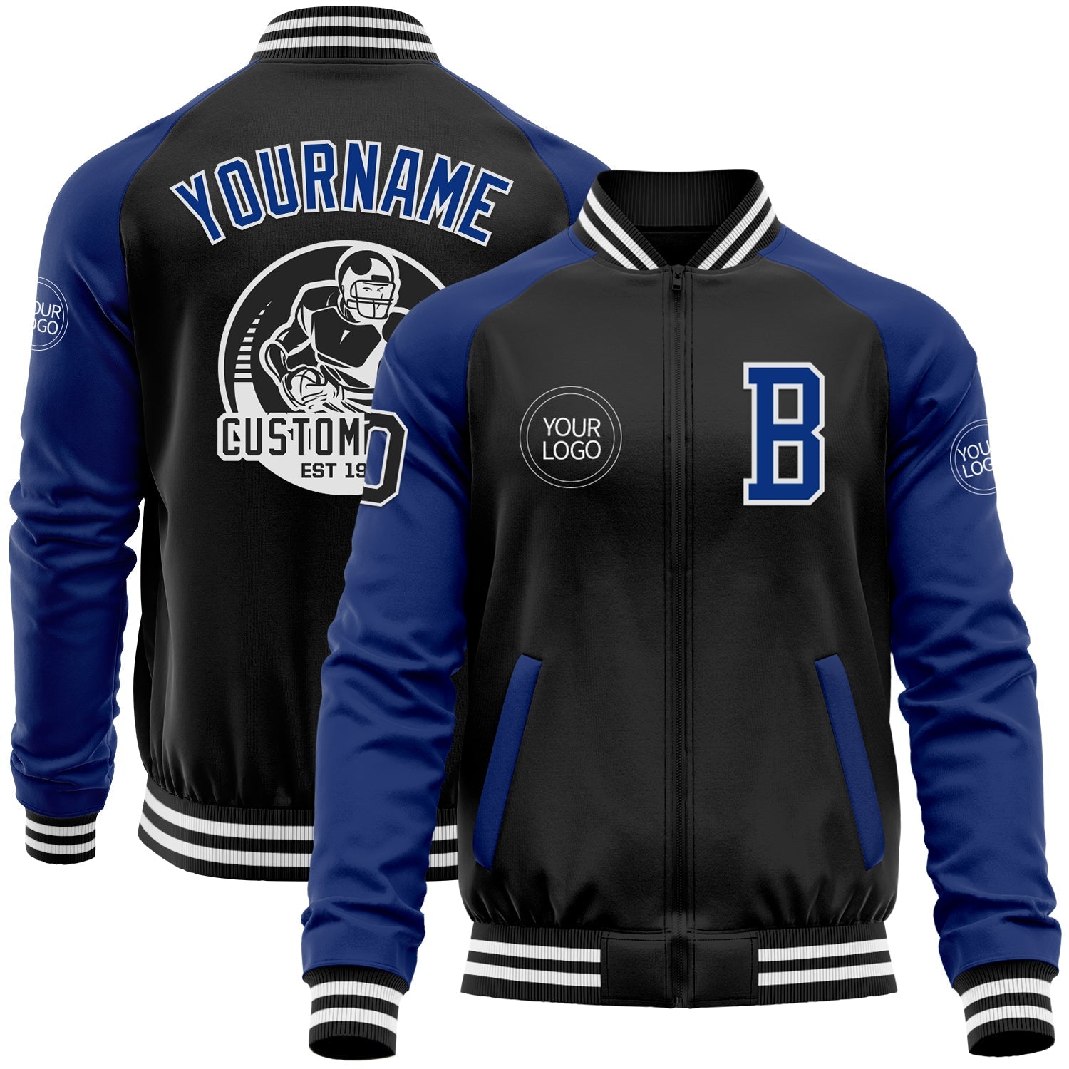 Custom Black Royal-White Bomber Varsity Letterman Two Tone Zipper Jacket - Main View