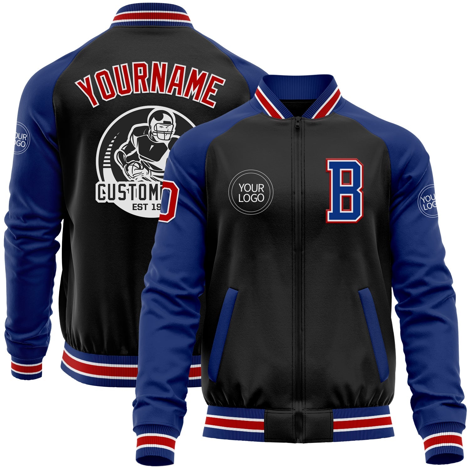 Custom Black Red-Royal Bomber Varsity Letterman Two Tone Zipper Jacket - Main View