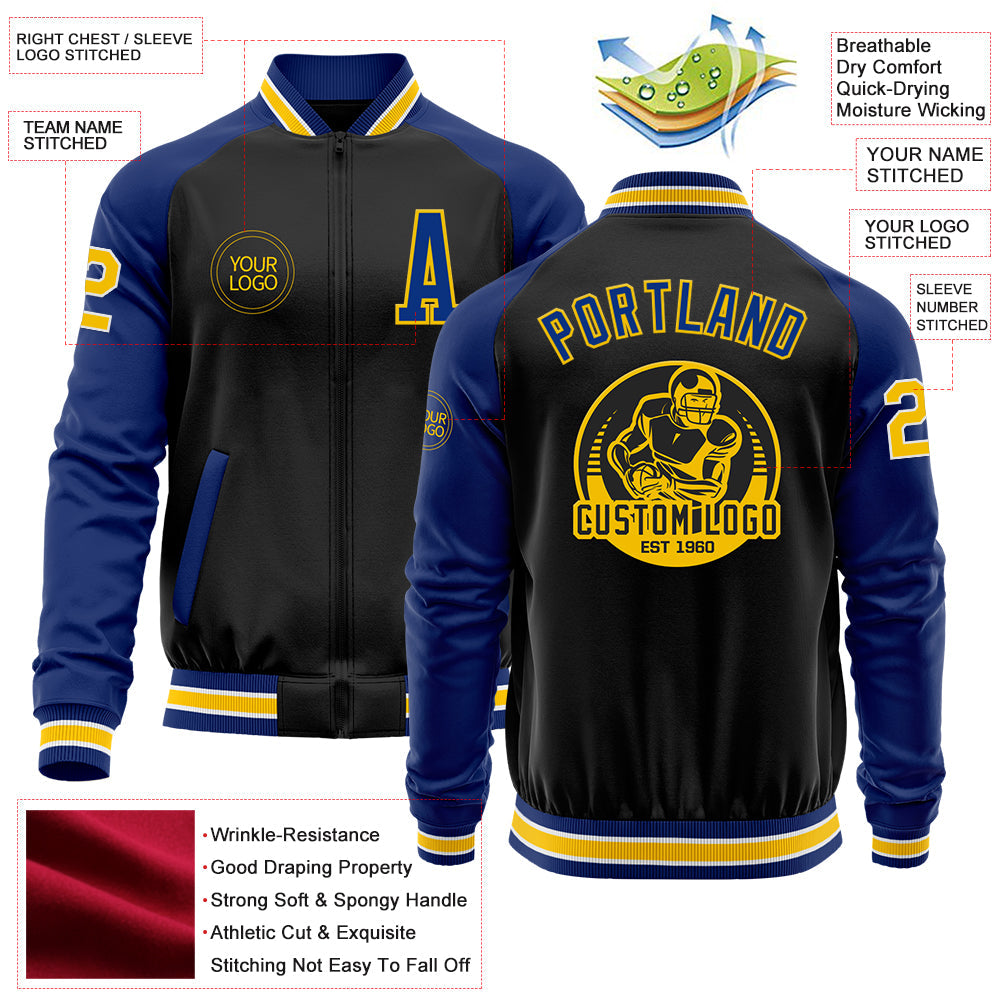 Custom Black Yellow-Royal Bomber Varsity Letterman Two Tone Zipper Jacket view 4