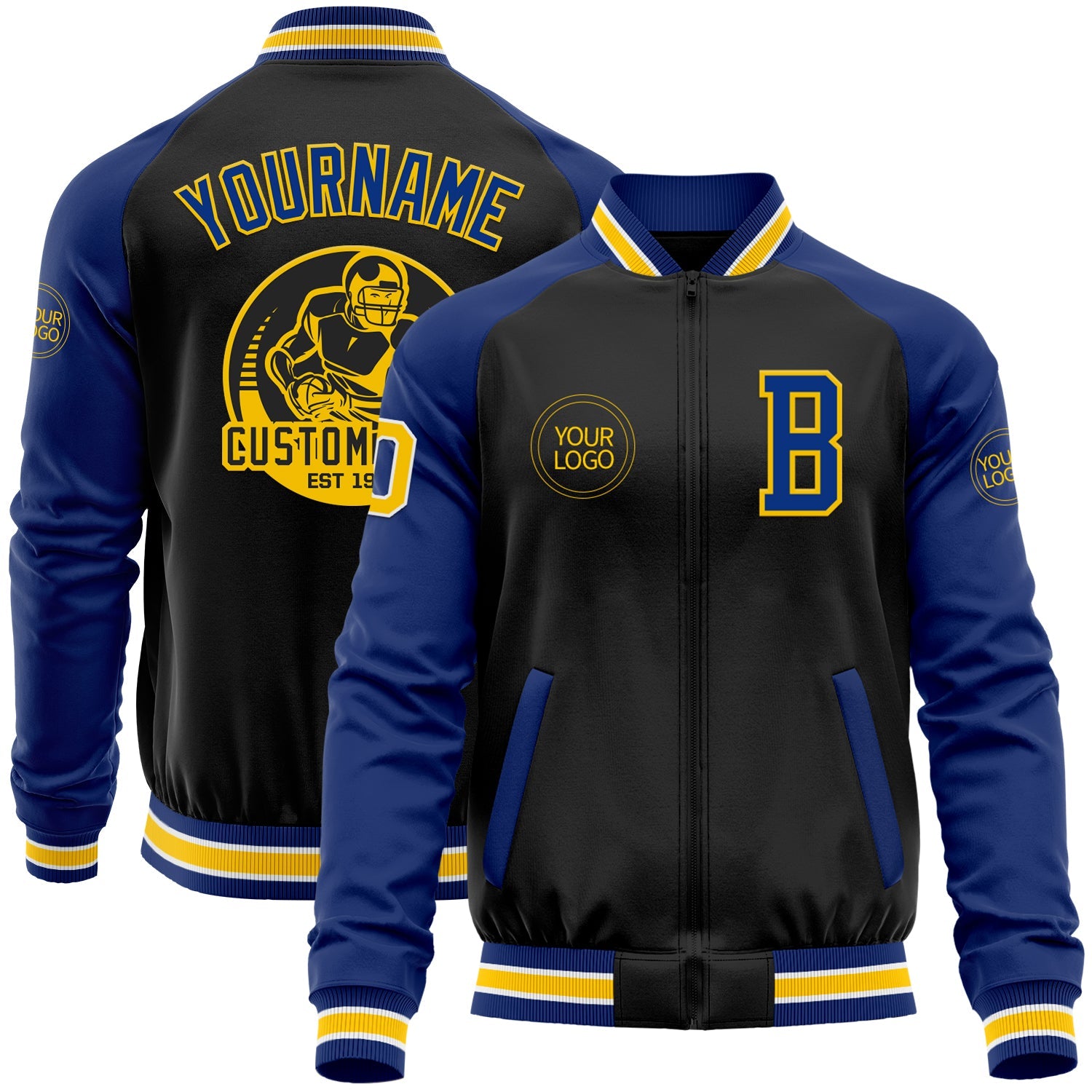 Custom Black Yellow-Royal Bomber Varsity Letterman Two Tone Zipper Jacket - Main View