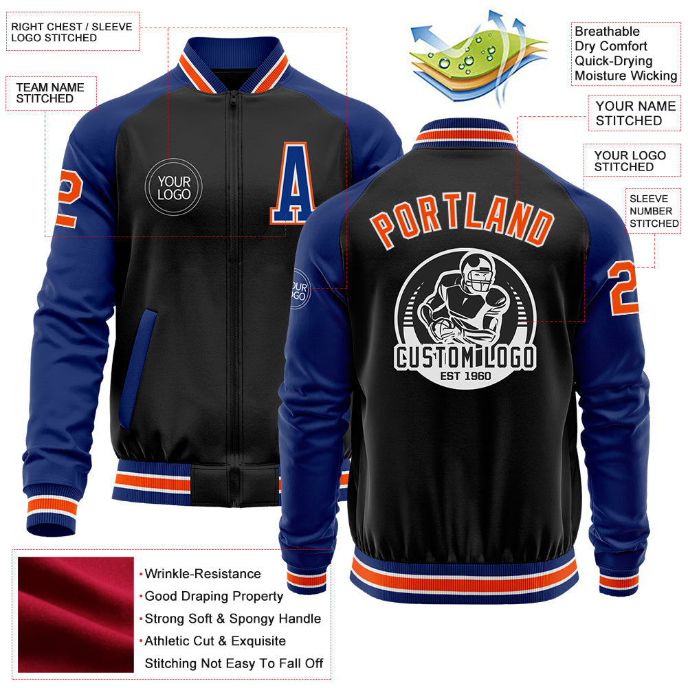 Custom Black Orange-Royal Bomber Varsity Letterman Two Tone Zipper Jacket view 4