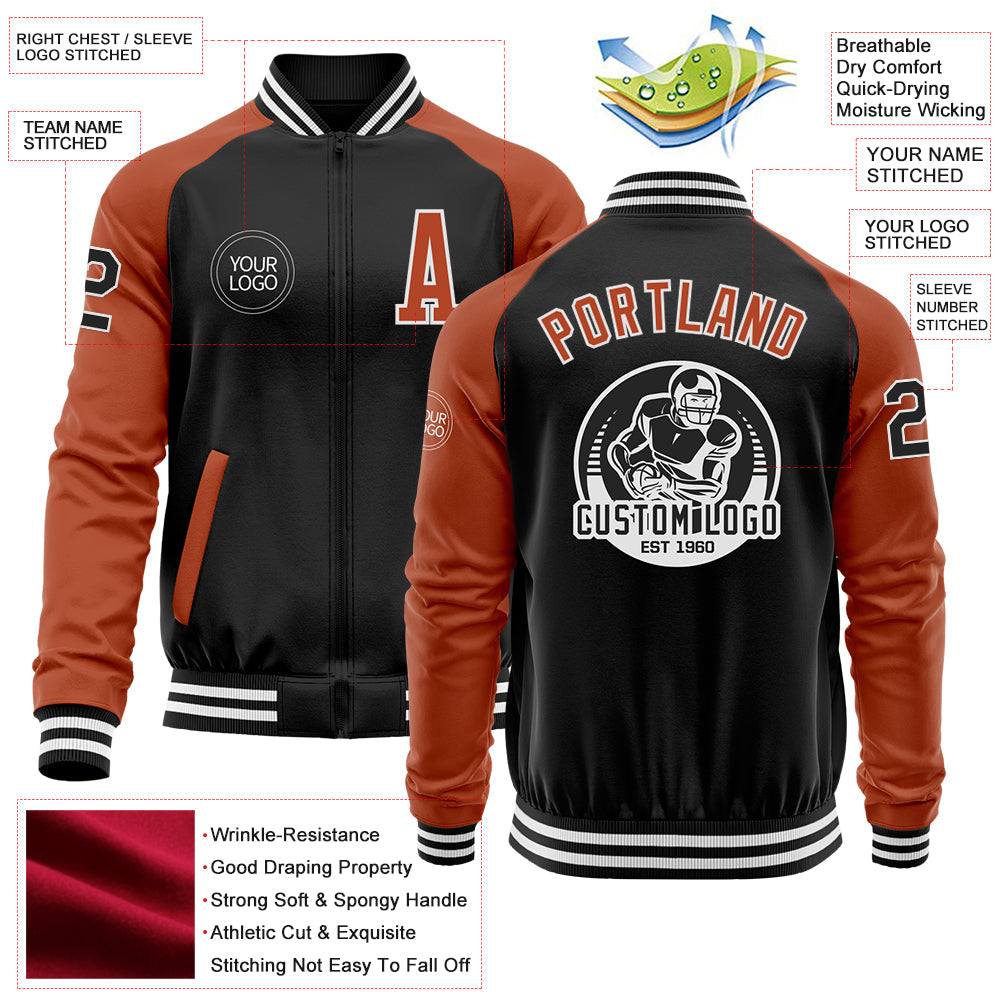Custom Black Texas Orange-White Bomber Varsity Letterman Two Tone Zipper Jacket view 4