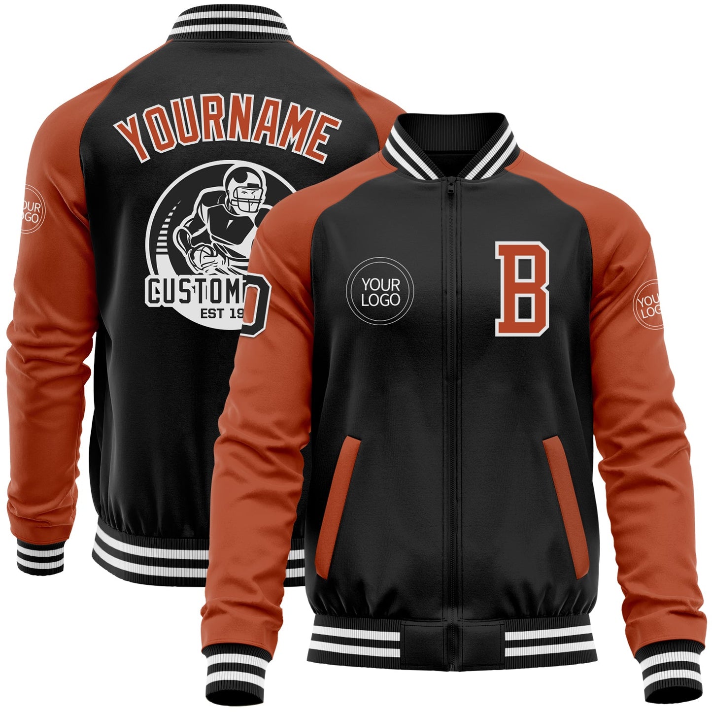Custom Black Texas Orange-White Bomber Varsity Letterman Two Tone Zipper Jacket - Main View