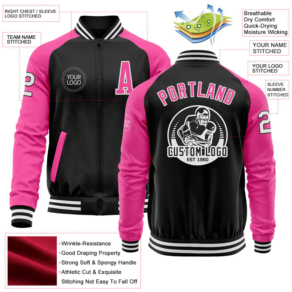 Custom Black Pink-White Bomber Varsity Letterman Two Tone Zipper Jacket view 4