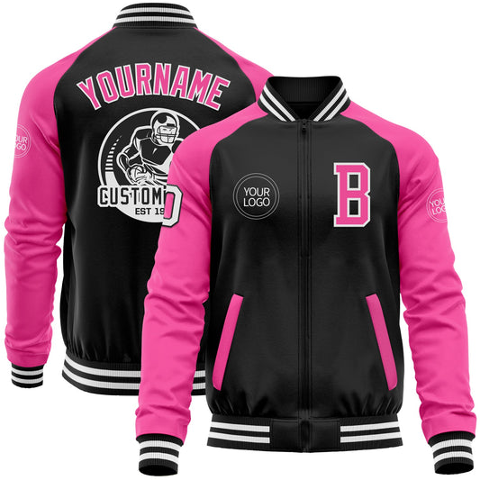 Custom Black Pink-White Bomber Varsity Letterman Two Tone Zipper Jacket - Main View