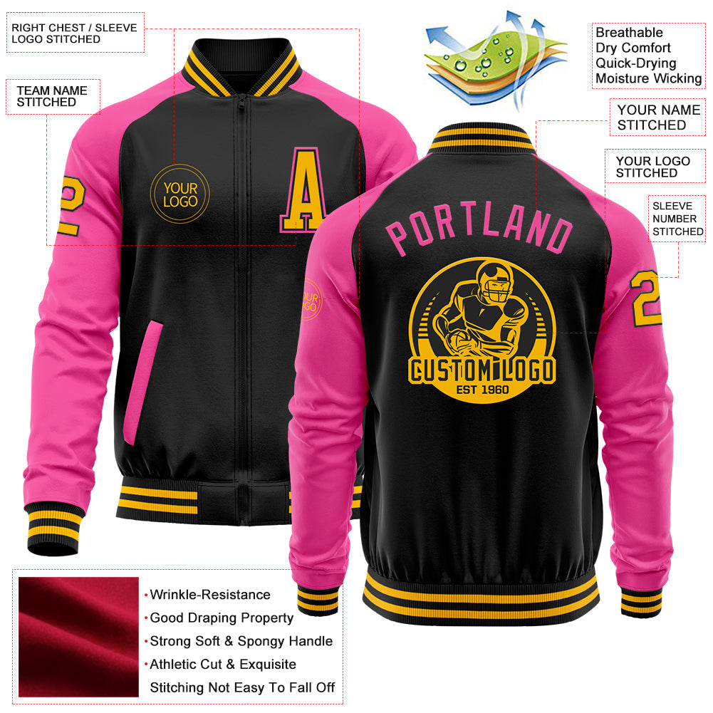Custom Black Gold-Pink Bomber Varsity Letterman Two Tone Zipper Jacket view 4