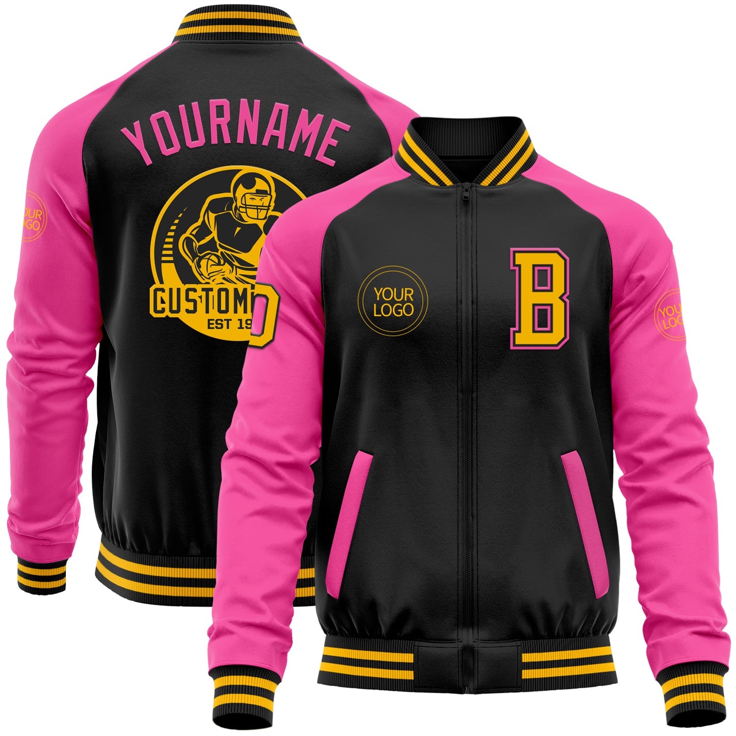 Custom Black Gold-Pink Bomber Varsity Letterman Two Tone Zipper Jacket - Main View