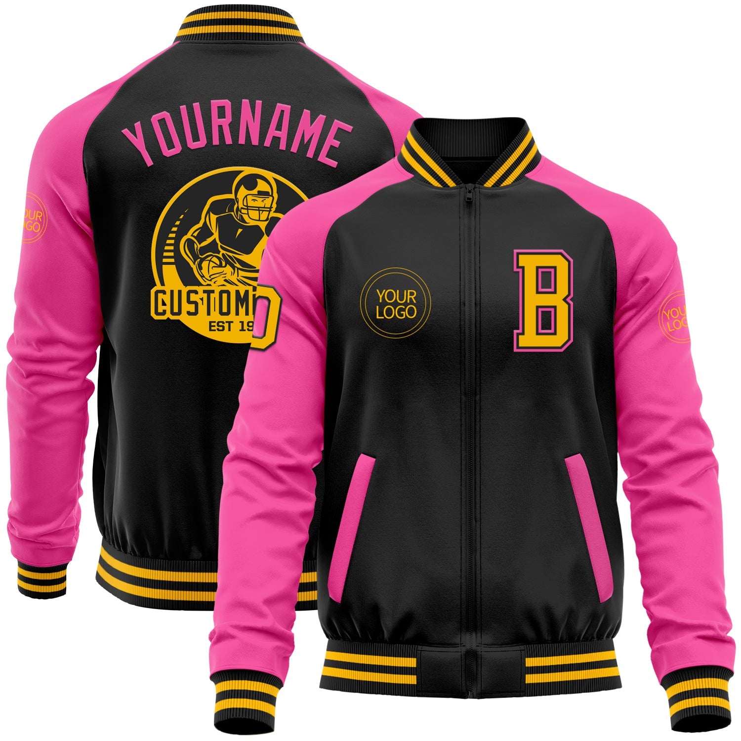 Custom Black Gold-Pink Bomber Varsity Letterman Two Tone Zipper Jacket - Main View