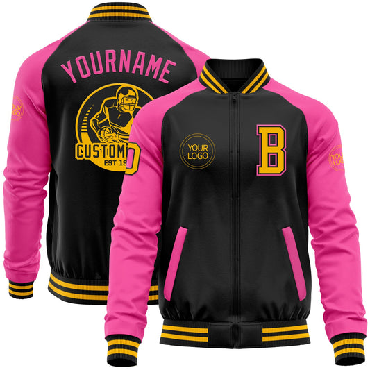 Custom Black Gold-Pink Bomber Varsity Letterman Two Tone Zipper Jacket - Main View