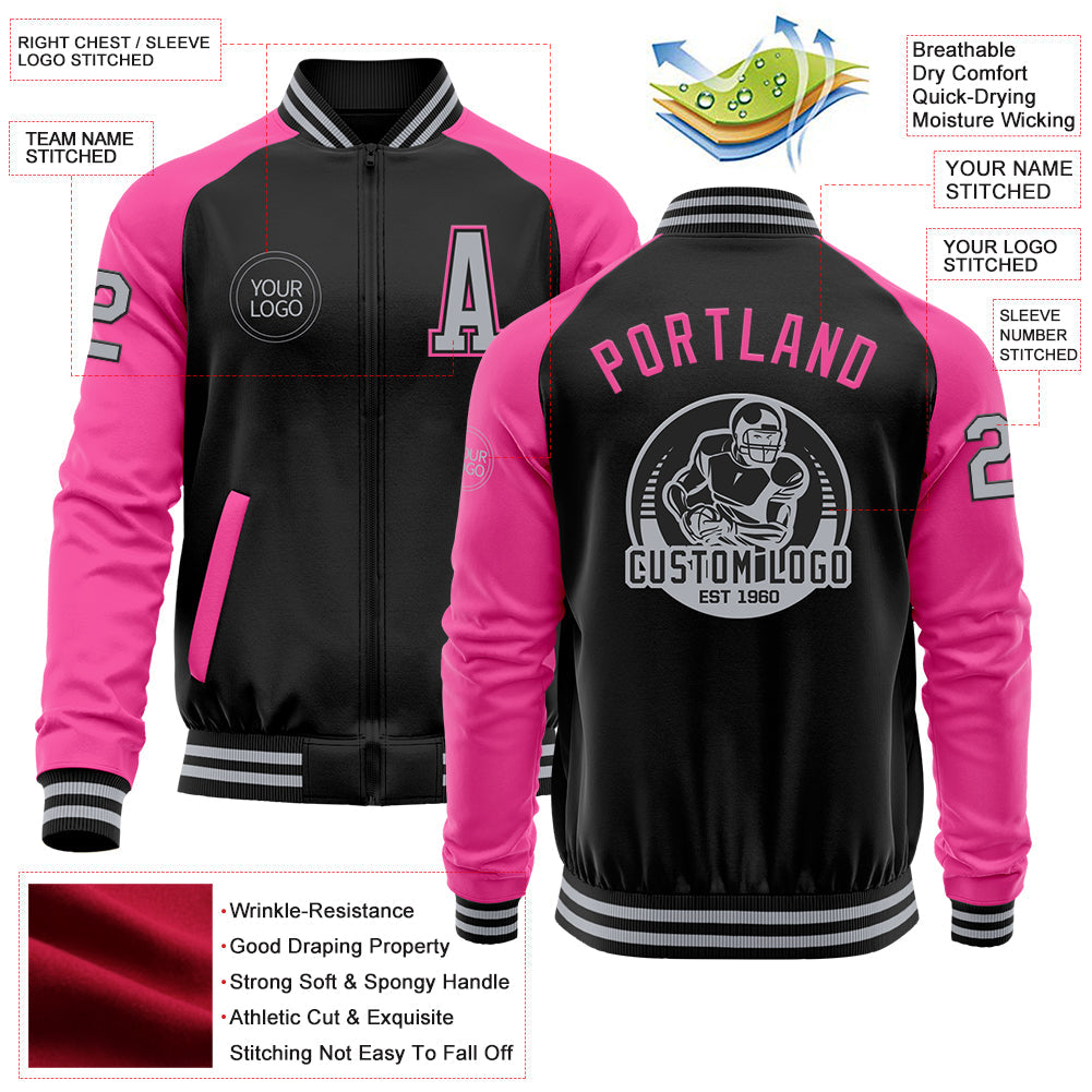 Custom Black Gray-Pink Bomber Varsity Letterman Two Tone Zipper Jacket view 4