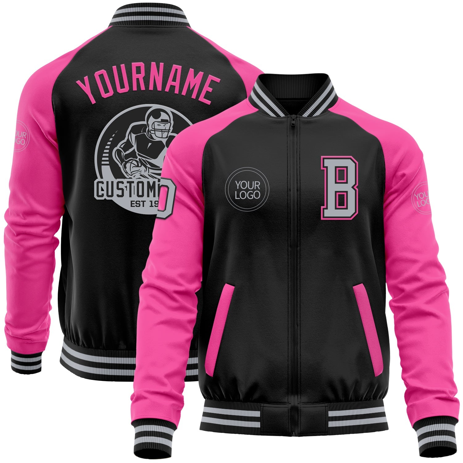 Custom Black Gray-Pink Bomber Varsity Letterman Two Tone Zipper Jacket - Main View