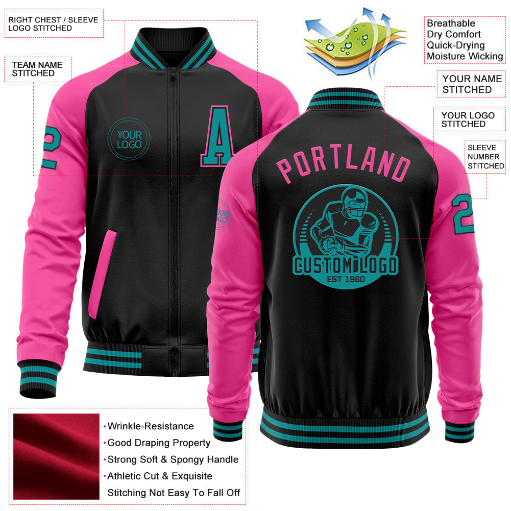 Custom Black Teal-Pink Bomber Varsity Letterman Two Tone Zipper Jacket view 4