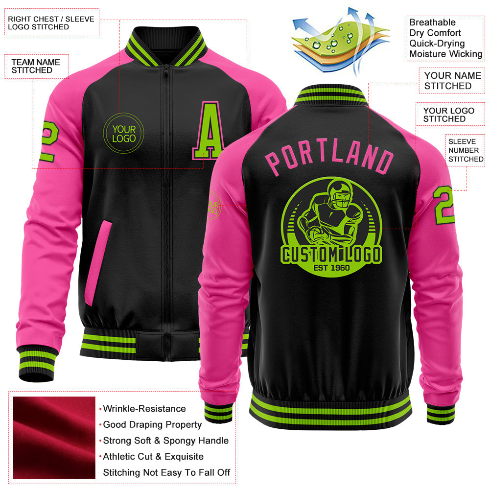 Custom Black Neon Green-Pink Bomber Varsity Letterman Two Tone Zipper Jacket view 4