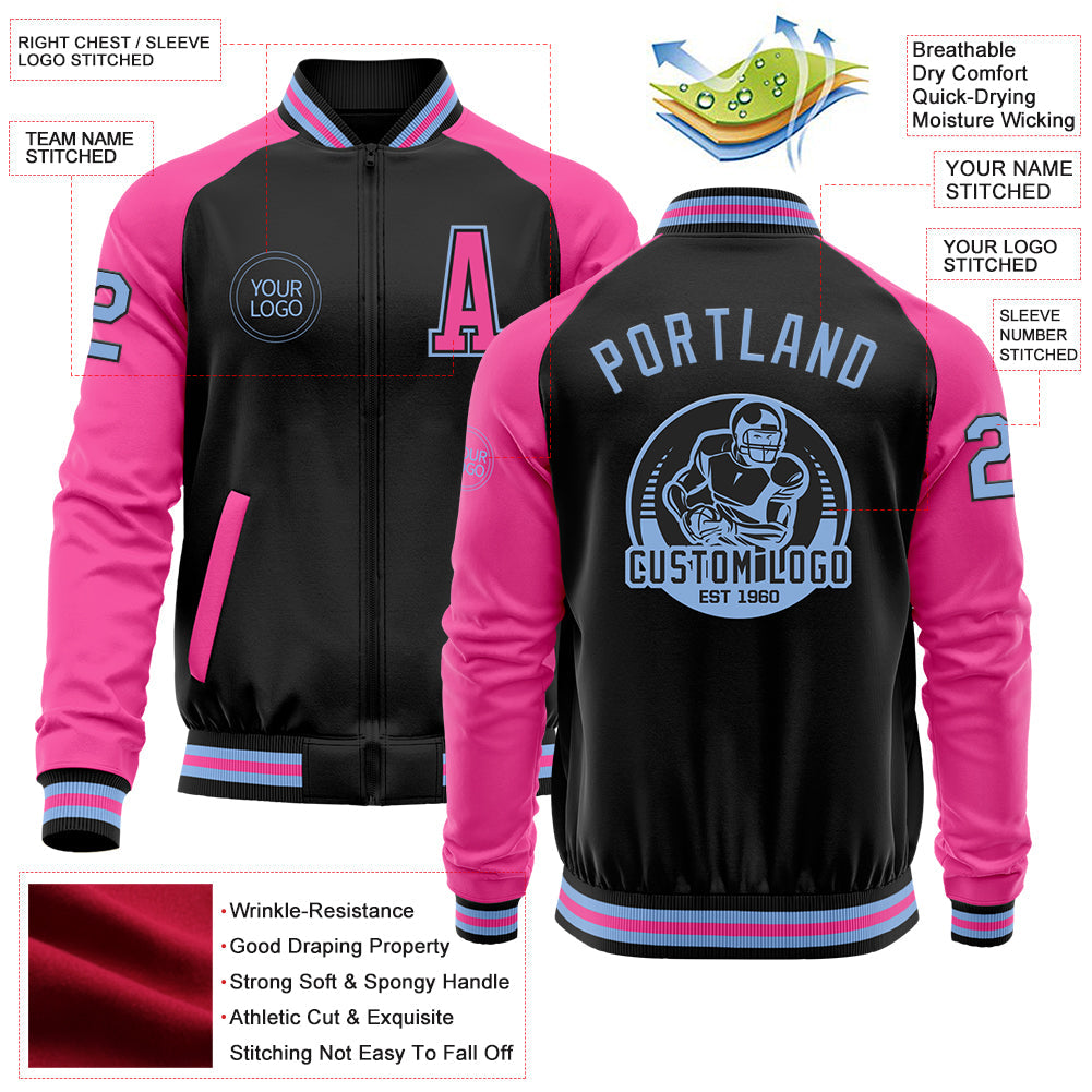Custom Black Light Blue-Pink Bomber Varsity Letterman Two Tone Zipper Jacket view 4