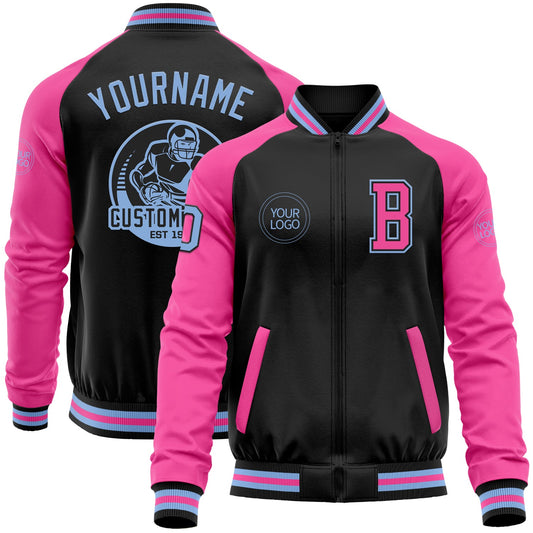 Custom Black Light Blue-Pink Bomber Varsity Letterman Two Tone Zipper Jacket - Main View