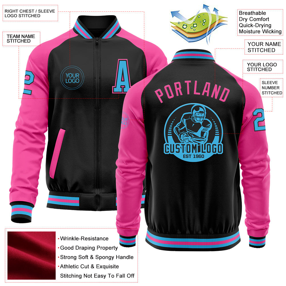 Custom Black Sky Blue-Pink Bomber Varsity Letterman Two Tone Zipper Jacket view 4