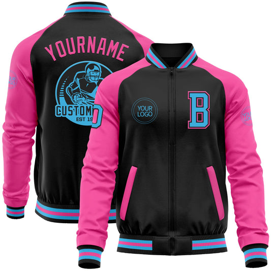 Custom Black Sky Blue-Pink Bomber Varsity Letterman Two Tone Zipper Jacket - Main View