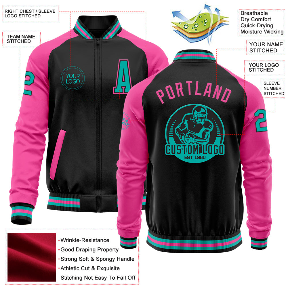 Custom Black Aqua-Pink Bomber Varsity Letterman Two Tone Zipper Jacket view 4
