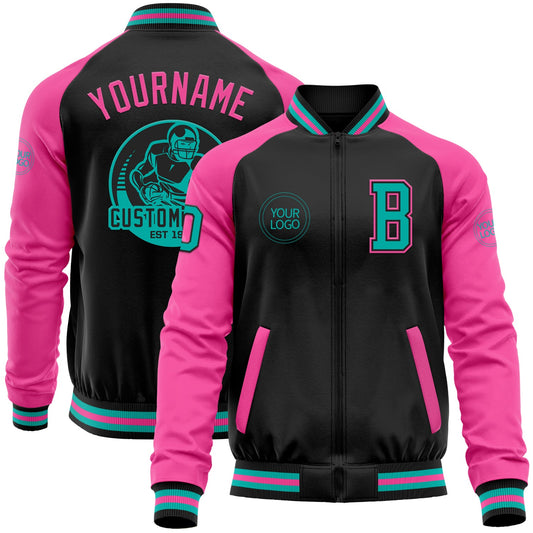 Custom Black Aqua-Pink Bomber Varsity Letterman Two Tone Zipper Jacket - Main View