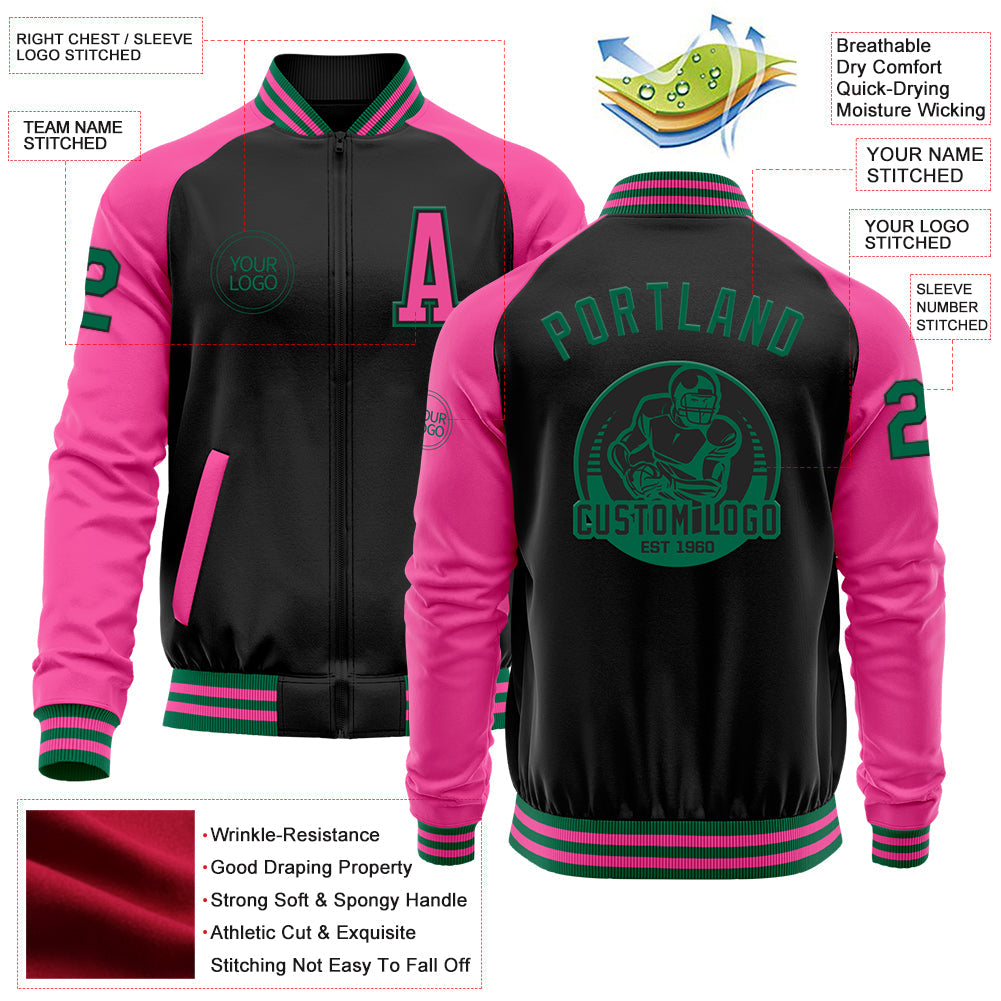 Custom Black Kelly Green-Pink Bomber Varsity Letterman Two Tone Zipper Jacket view 4