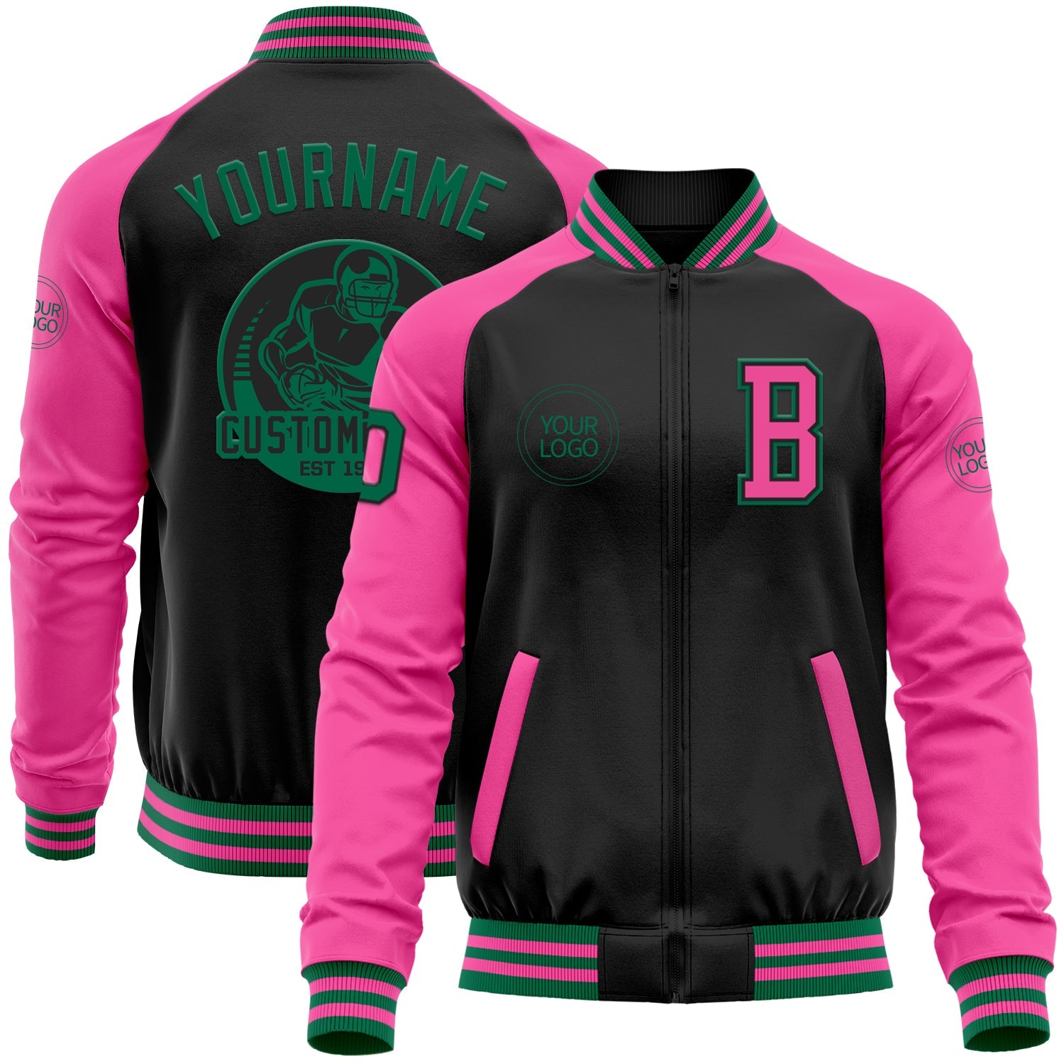 Custom Black Kelly Green-Pink Bomber Varsity Letterman Two Tone Zipper Jacket - Main View