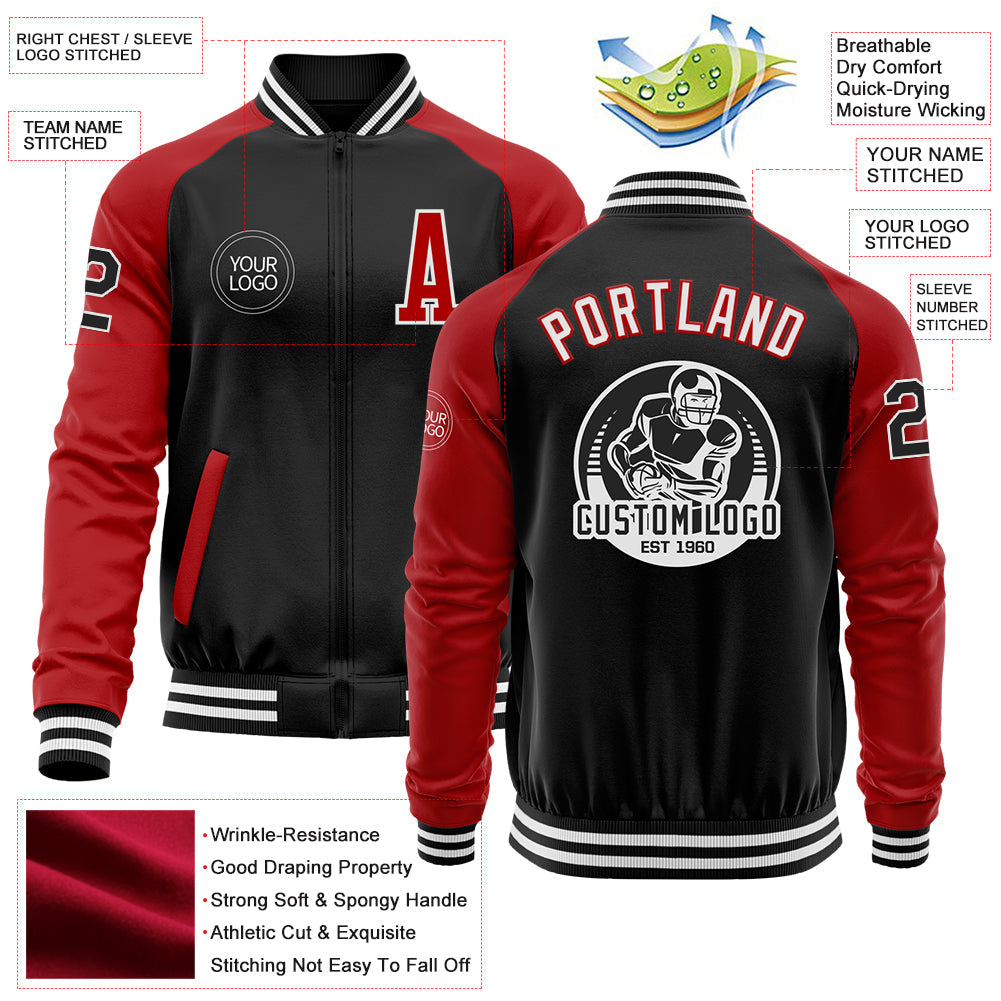 Custom Black Red-White Bomber Varsity Letterman Two Tone Zipper Jacket view 4