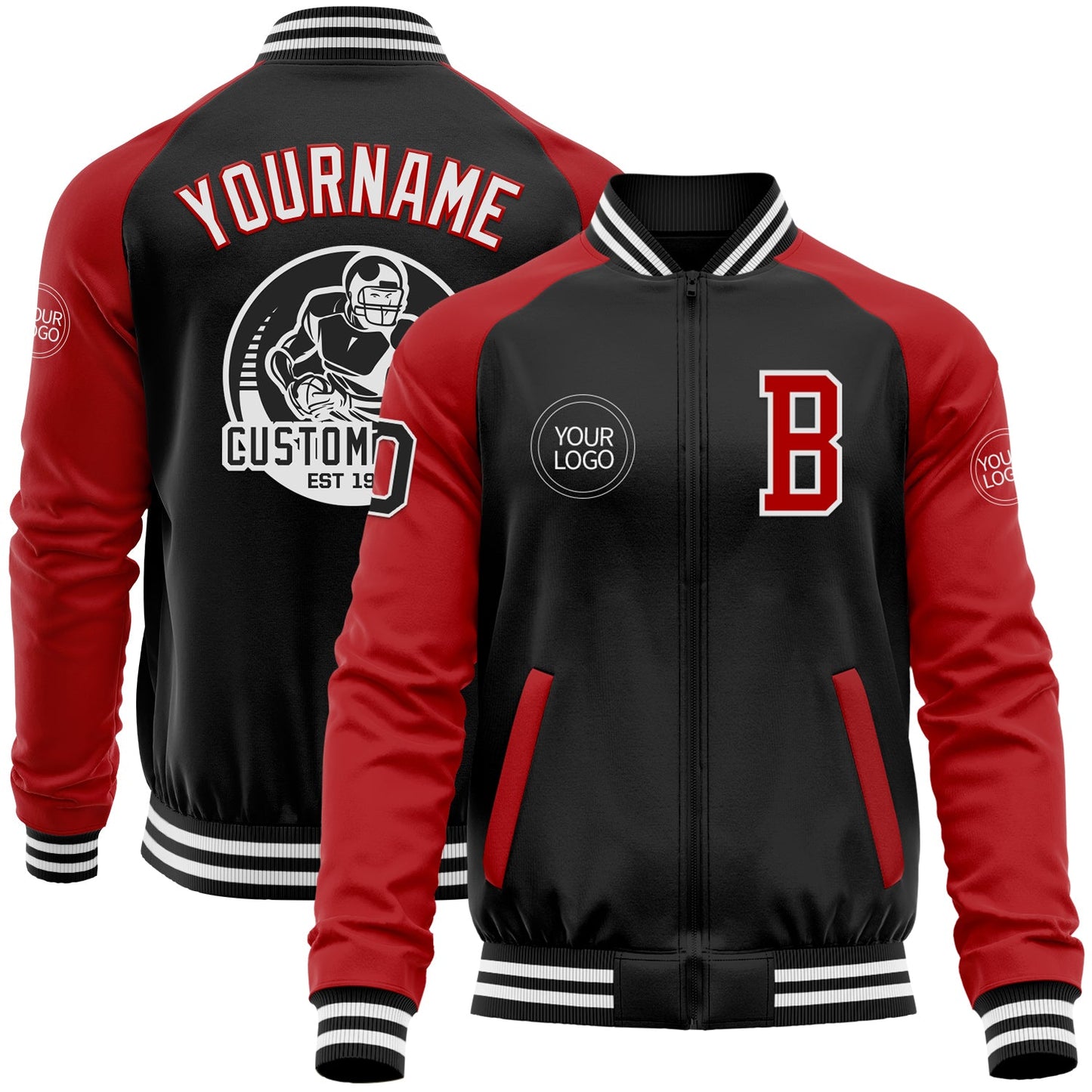 Custom Black Red-White Bomber Varsity Letterman Two Tone Zipper Jacket - Main View