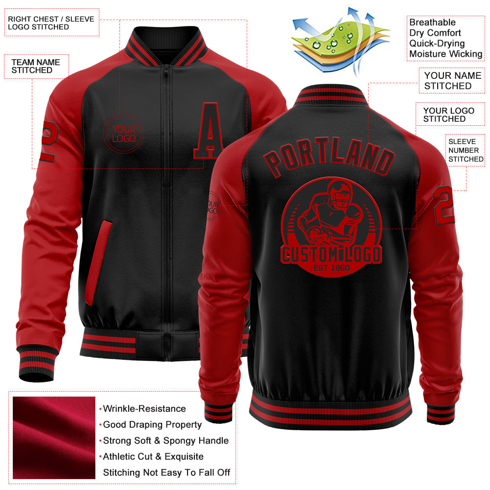 Custom Black Red Bomber Varsity Letterman Two Tone Zipper Jacket view 4