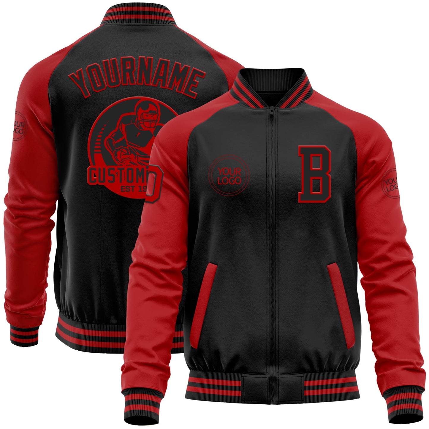 Custom Black Red Bomber Varsity Letterman Two Tone Zipper Jacket - Main View
