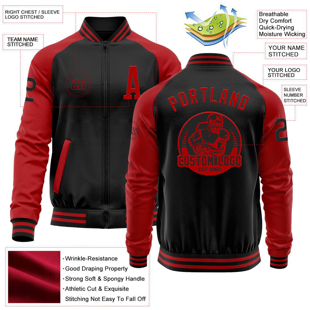 Custom Black Red Bomber Varsity Letterman Two Tone Zipper Jacket view 4